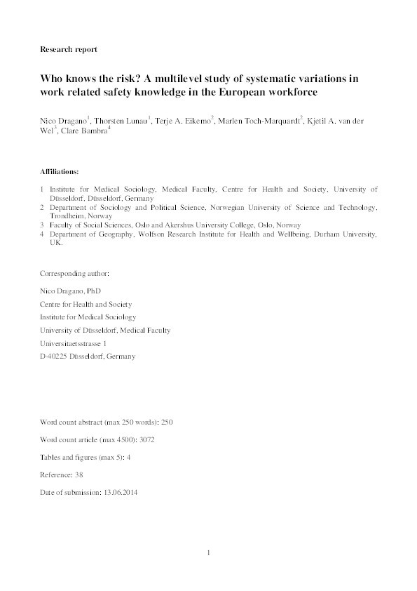 Who knows the risk? A multilevel study of systematic variations in work-related safety knowledge in the European workforce Thumbnail