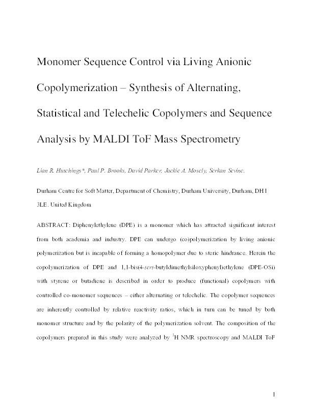 Monomer Sequence Control via Living Anionic Copolymerization: Synthesis of Alternating, Statistical, and Telechelic Copolymers and Sequence Analysis by MALDI ToF Mass Spectrometry Thumbnail