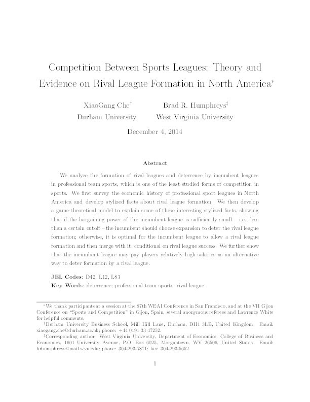 Competition Between Sports Leagues: Theory and Evidence on Rival League Formation in North America Thumbnail