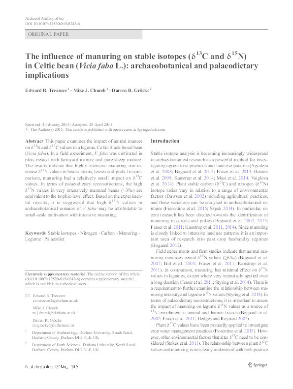 The influence of manuring on stable isotopes (δ13C and δ15N) in Celtic bean (Vicia faba L.): archaeobotanical and palaeodietary implications Thumbnail