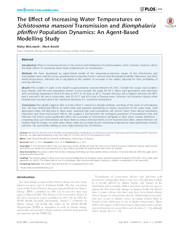 The effect of increasing water temperatures on Schistosoma mansoni transmission and Biomphalaria pfeifferi population dynamics: an agent-based modelling study Thumbnail