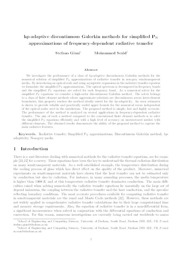 hp-adaptive discontinuous Galerkin methods for simplified PN approximations of frequency-dependent radiative transfer Thumbnail