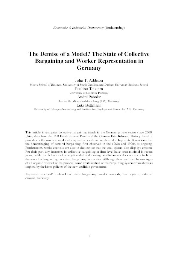 The demise of a model? The state of collective bargaining and worker representation in Germany Thumbnail