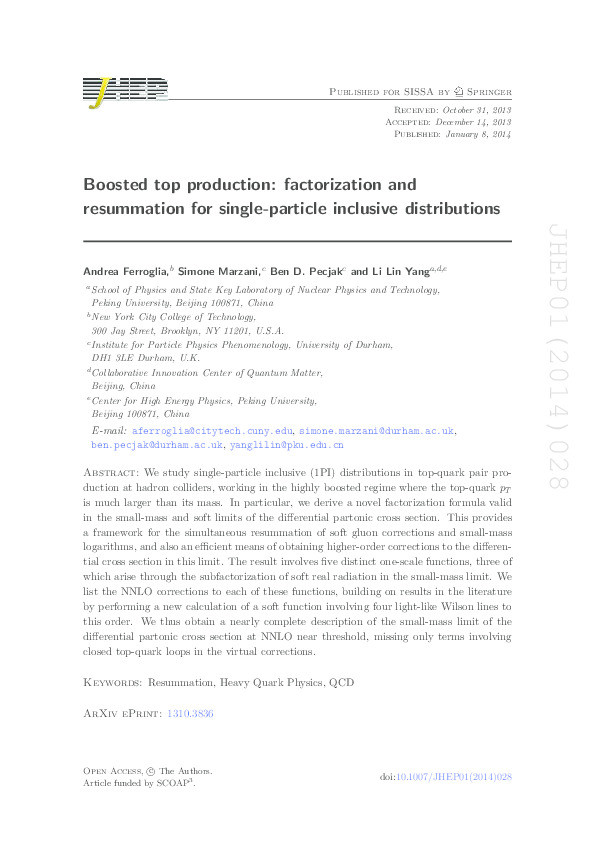 Boosted top production: factorization and resummation for single-particle inclusive distributions Thumbnail