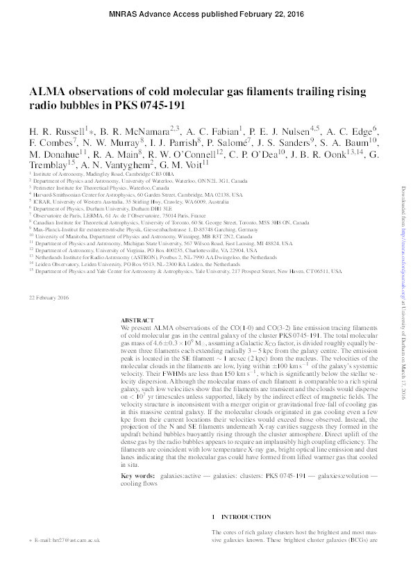 ALMA observations of cold molecular gas filaments trailing rising radio bubbles in PKS 0745-191 Thumbnail