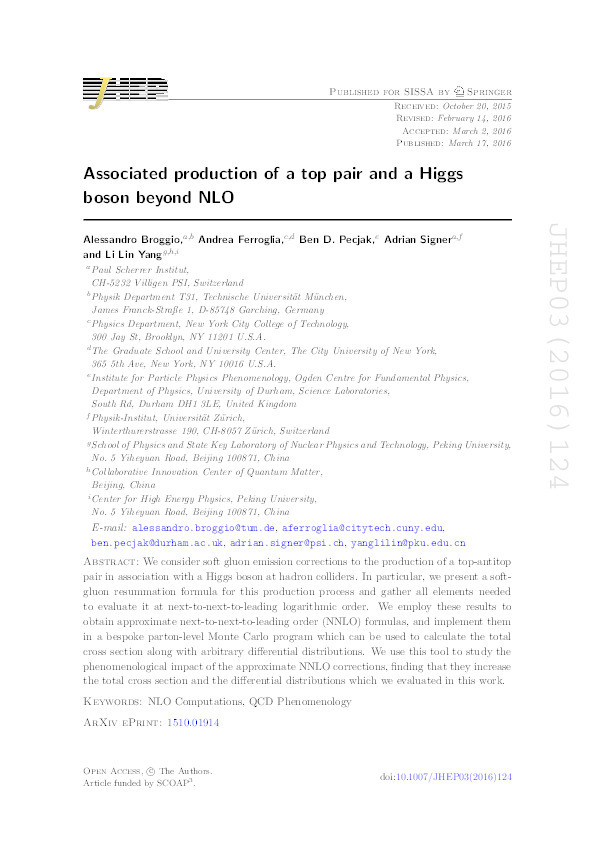 Associated production of a top pair and a Higgs boson beyond NLO Thumbnail
