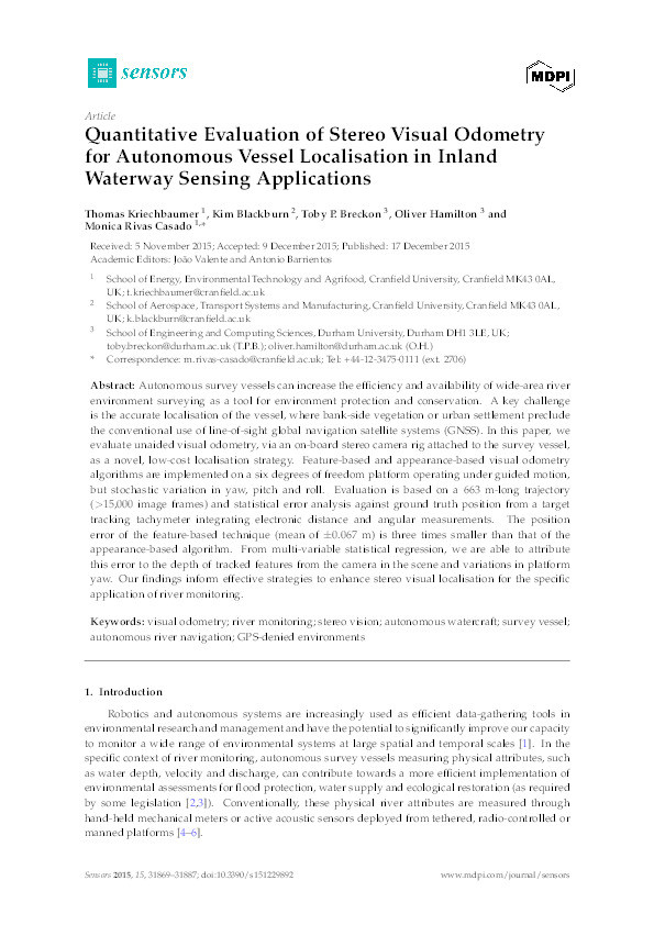 Quantitative Evaluation of Stereo Visual Odometry for Autonomous Vessel Localisation in Inland Waterway Sensing Applications Thumbnail