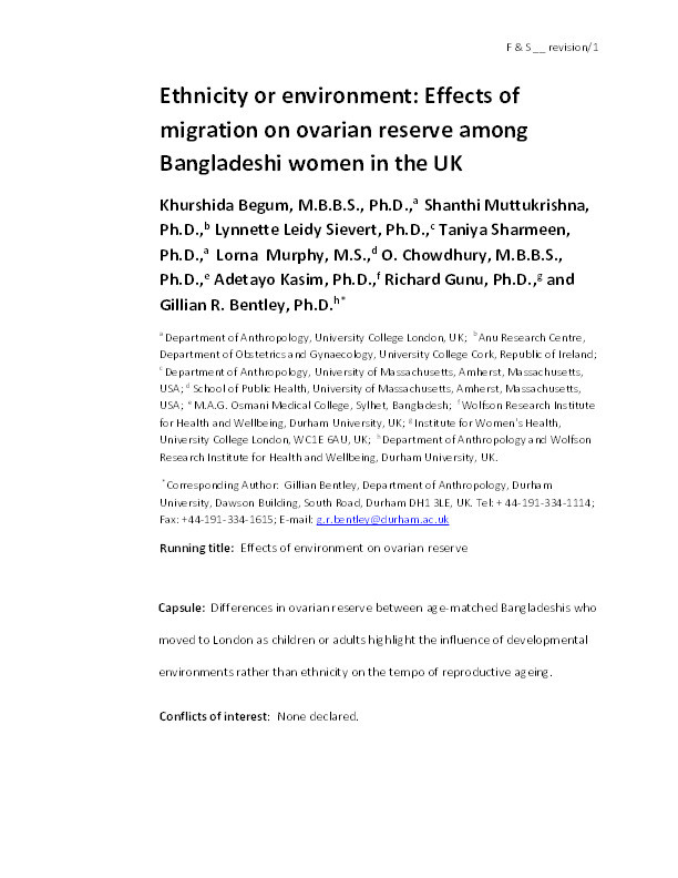 Ethnicity or environment: Effects of migration on ovarian reserve among Bangladeshi women in the United Kingdom Thumbnail