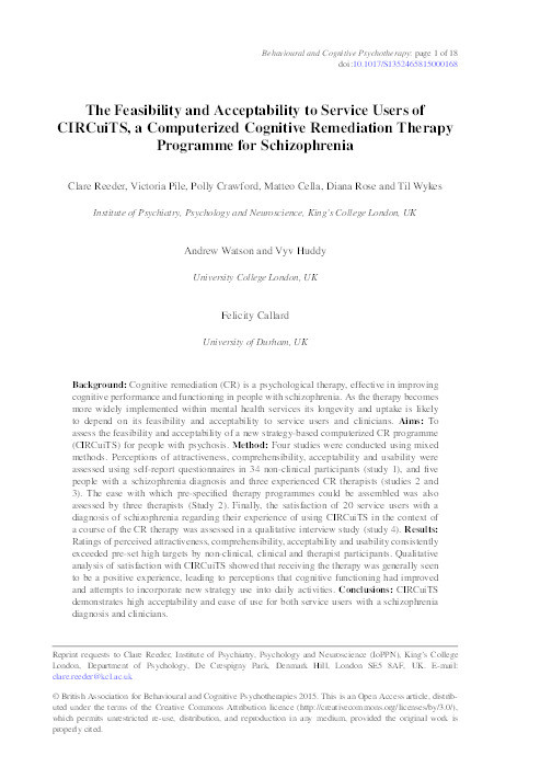 The Feasibility and Acceptability to Service Users of CIRCuiTS, a Computerized Cognitive Remediation Therapy Programme for Schizophrenia Thumbnail