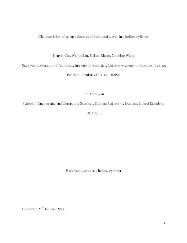 Characteristics of group velocities of backward waves in a hollow cylinder Thumbnail
