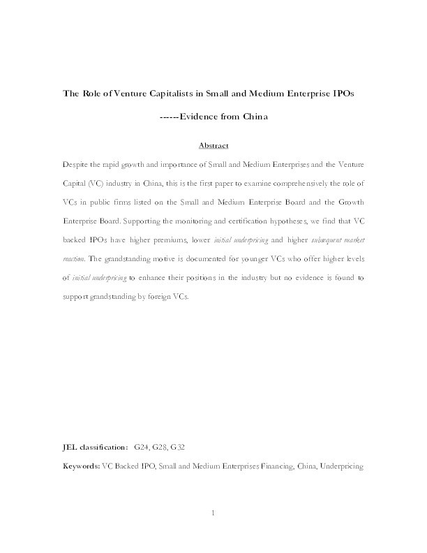 The role of venture capitalists in small and medium-sized enterprise initial public offerings: Evidence from China Thumbnail