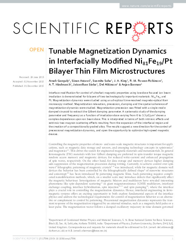 Tunable Magnetization Dynamics in Interfacially Modified Ni81Fe19/Pt Bilayer Thin Film Microstructures Thumbnail