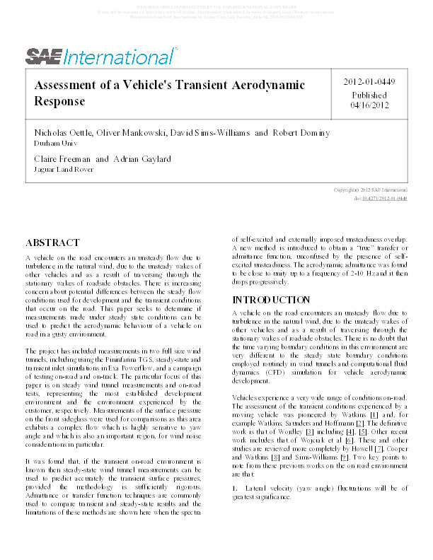 Assessment of a Vehicle's Transient Aerodynamic Response, SAE Paper 2012-01-0449 Thumbnail