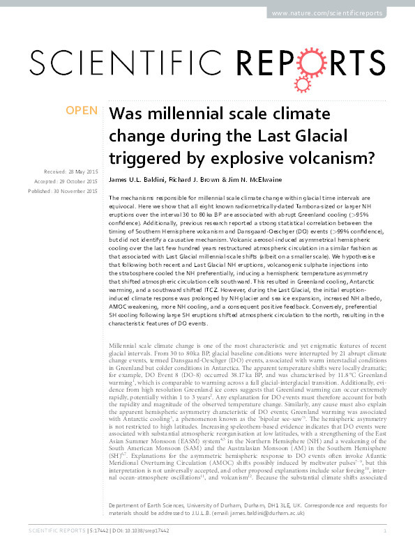Was millennial scale climate change during the Last Glacial triggered by explosive volcanism? Thumbnail