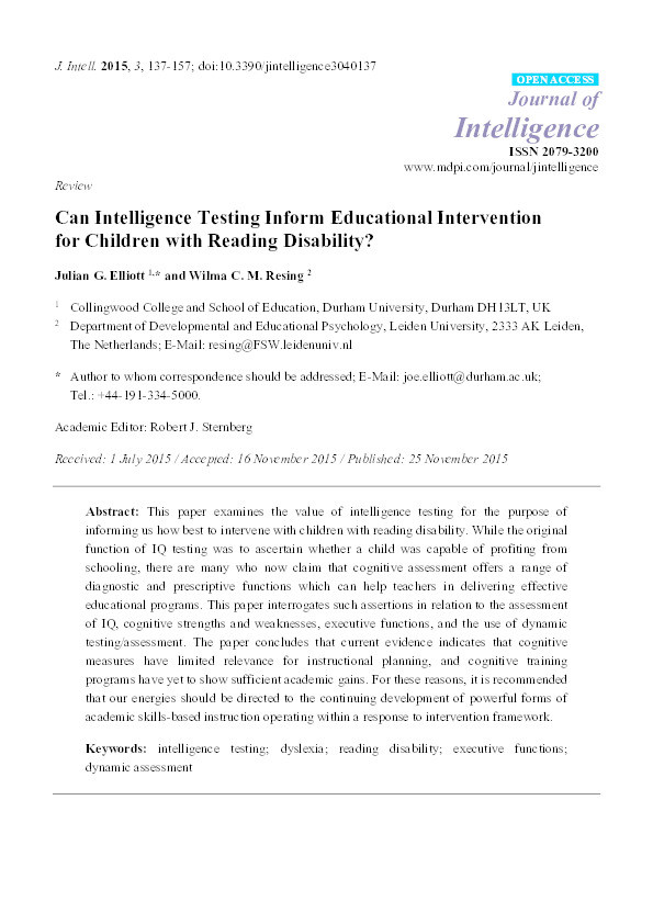 Can Intelligence Testing Inform Educational Intervention for Children with Reading Disability? Thumbnail