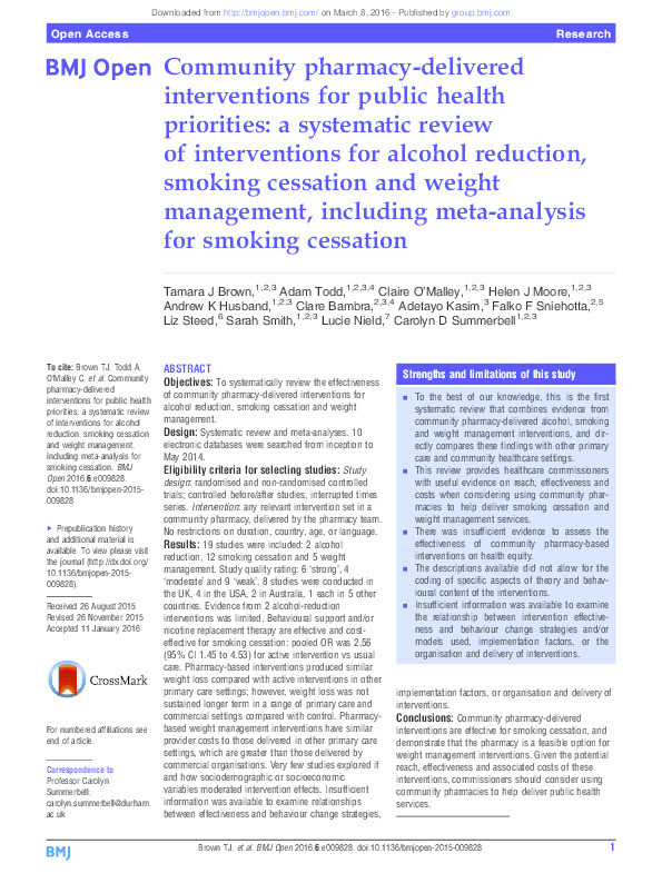 Community pharmacy-delivered interventions for public health priorities: a systematic review of interventions for alcohol reduction, smoking cessation and weight management, including meta-analysis for smoking cessation Thumbnail