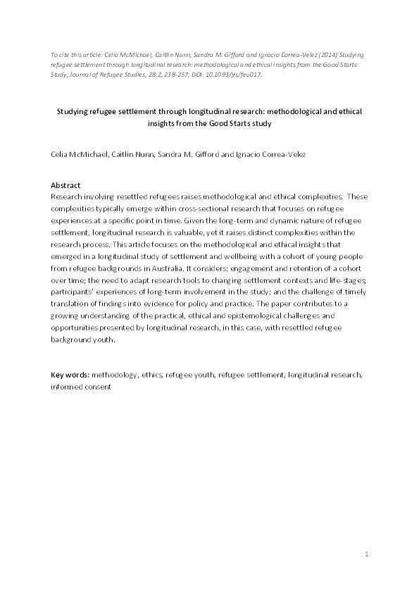 Studying refugee settlement with longitudinal research: methodological and ethical insights from the Good Starts study Thumbnail