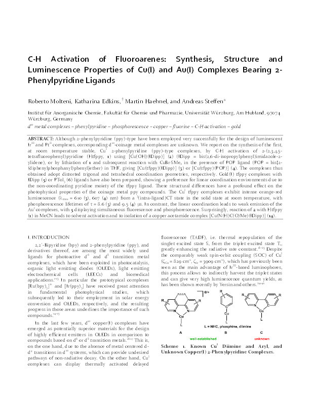 C–H Activation of Fluoroarenes: Synthesis, Structure, and Luminescence Properties of Copper(I) and Gold(I) Complexes Bearing 2-Phenylpyridine Ligands Thumbnail