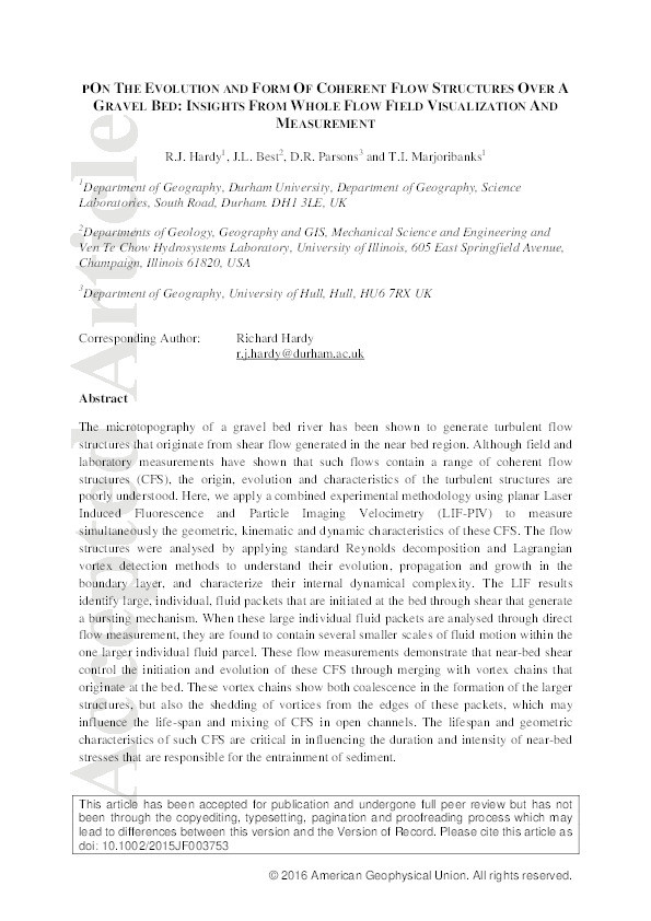 On the evolution and form of coherent flow structures over a gravel bed: Insights from whole flow field visualization and measurement Thumbnail