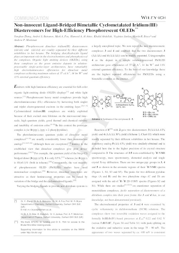 Bimetallic Cyclometalated Iridium(III) Diastereomers with Non-Innocent Bridging Ligands for High-Efficiency Phosphorescent OLEDs Thumbnail