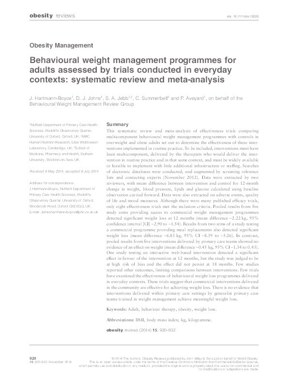 Behavioural weight management programmes for adults assessed by trials conducted in everyday contexts: systematic review and meta-analysis Thumbnail