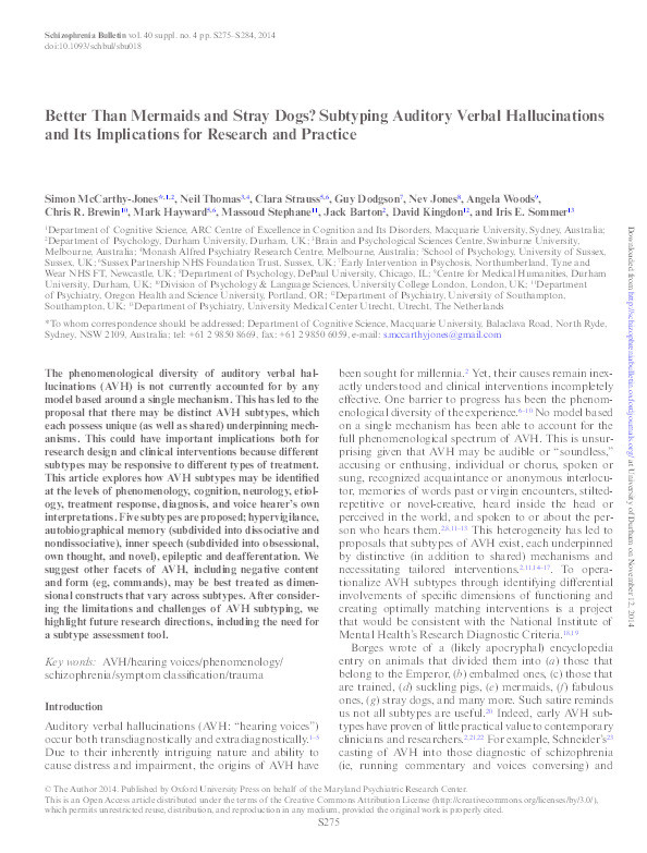 Better Than Mermaids and Stray Dogs? Subtyping Auditory Verbal Hallucinations and Its Implications for Research and Practice Thumbnail