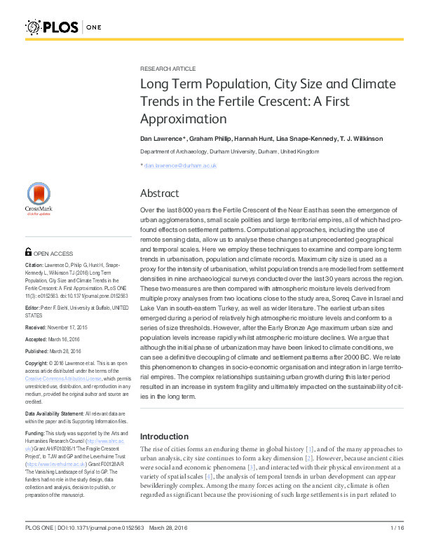 Long term population, city size and climate trends in the Fertile Crescent: a first approximation Thumbnail
