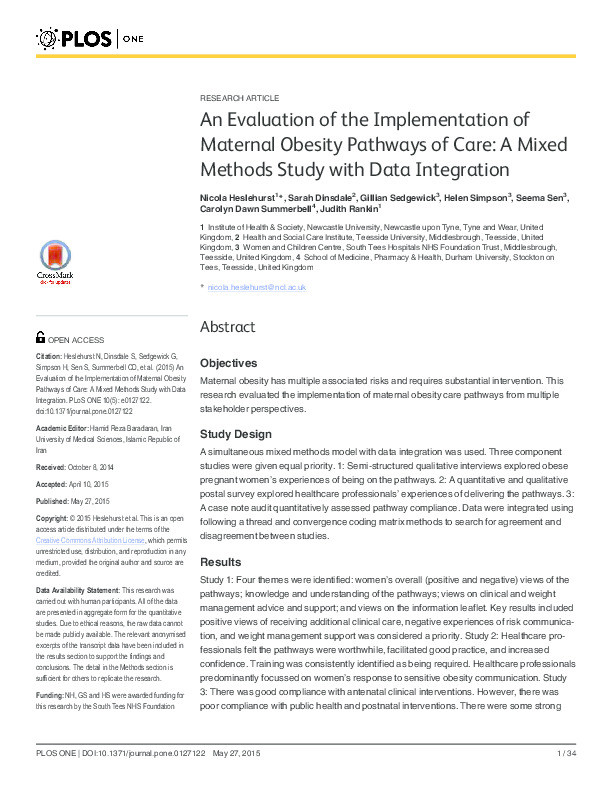 An evaluation of the implementation of maternal obesity pathways of care: a mixed methods study with data integration Thumbnail
