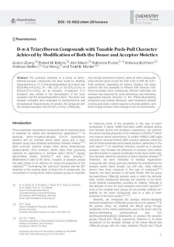 D–π–A Triarylboron Compounds with Tunable Push–Pull Character Achieved by Modification of Both the Donor and Acceptor Moieties Thumbnail