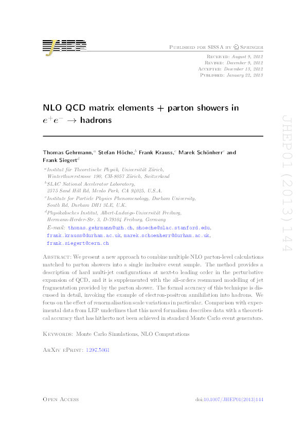 NLO QCD matrix elements + parton showers in e+e− → hadrons Thumbnail