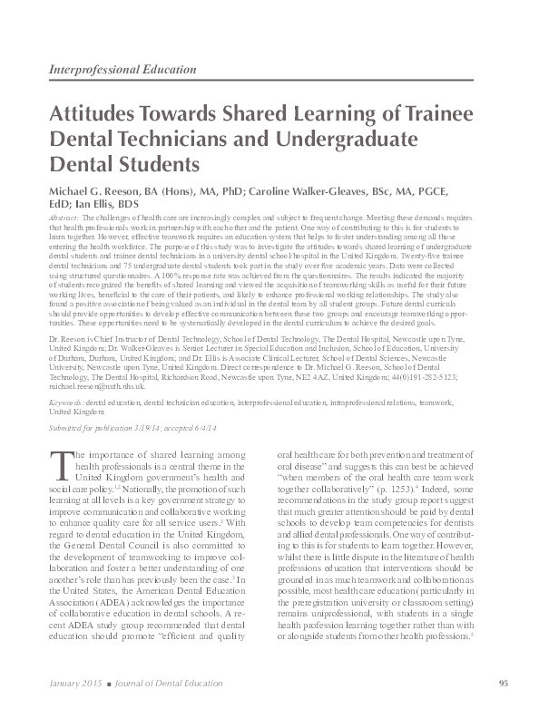Attitudes Towards Shared Learning of Trainee Dental Technicians and Undergraduate Dental Students Thumbnail