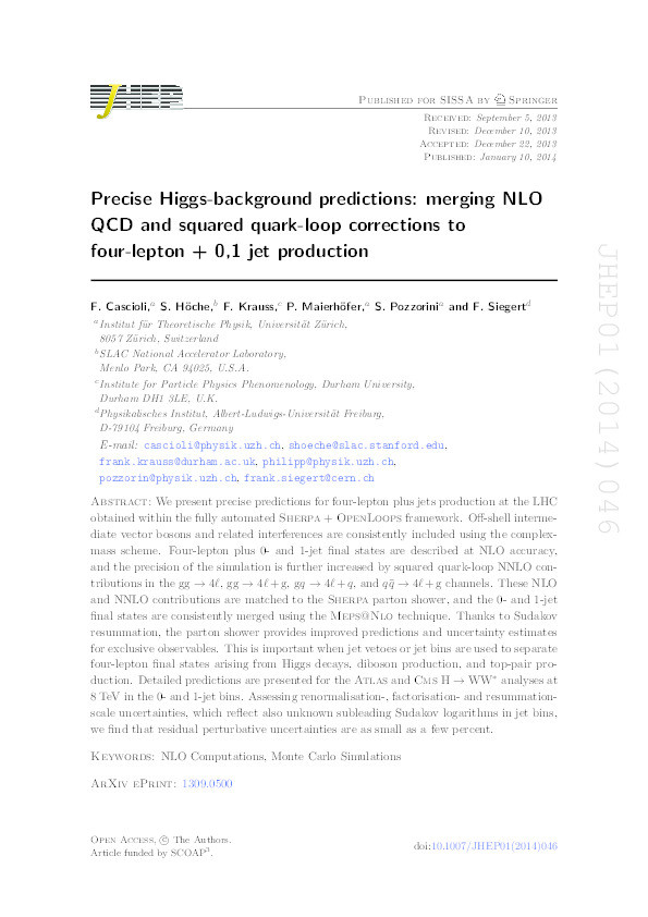 Precise Higgs-background predictions: merging NLO QCD and squared quark-loop corrections to four-lepton + 0,1 jet production Thumbnail