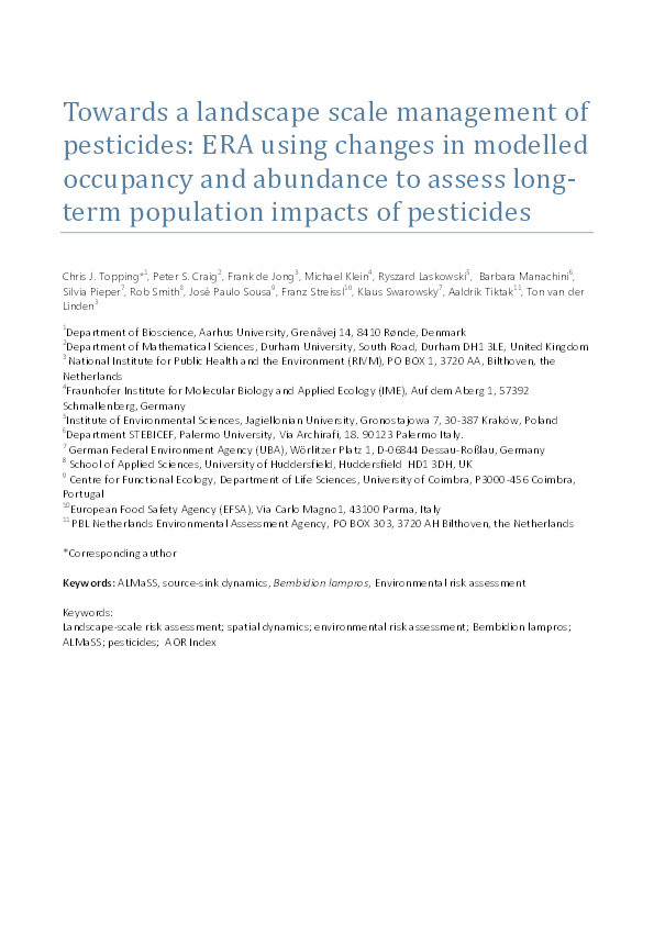 Towards a landscape scale management of pesticides: ERA using changes in modelled occupancy and abundance to assess long-term population impacts of pesticides Thumbnail