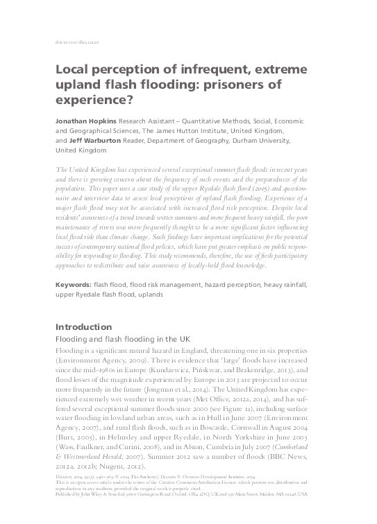 Local perception of infrequent, extreme upland flash flooding: prisoners of experience? Thumbnail