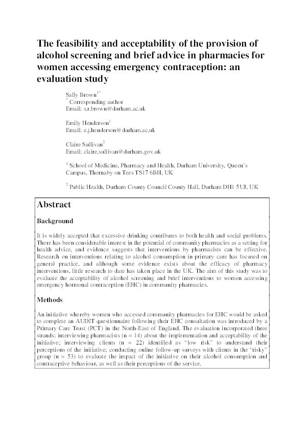The feasibility and acceptability of the provision of alcohol screening and brief advice in pharmacies for women accessing emergency contraception: an evaluation study Thumbnail