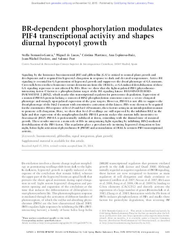 BR-dependent phosphorylation modulates PIF4 transcriptional activity and shapes diurnal hypocotyl growth Thumbnail