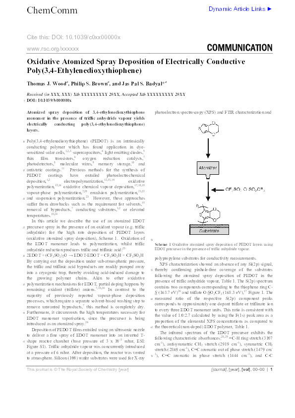 Oxidative Atomized Spray Deposition of Electrically Conductive Poly(3,4 Ethylenedioxythiophene) Thumbnail