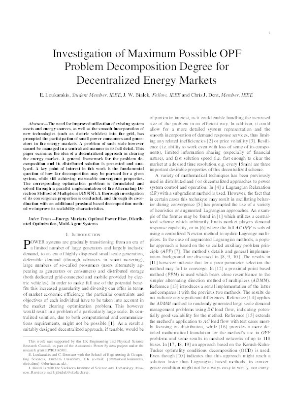 Investigation of Maximum Possible OPF Problem Decomposition Degree for Decentralized Energy Markets Thumbnail