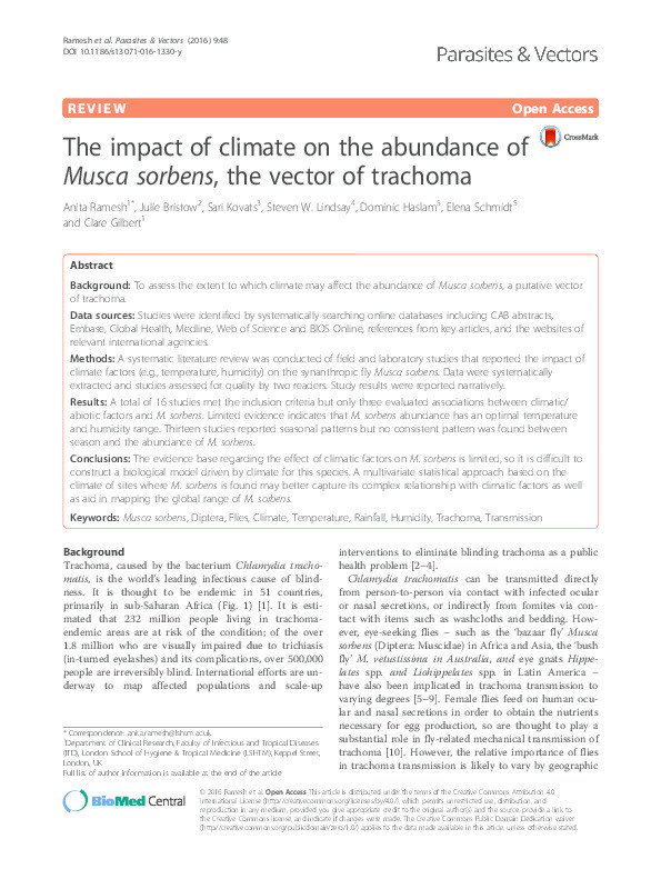 The impact of climate on the abundance of Musca sorbens, the vector of trachoma Thumbnail