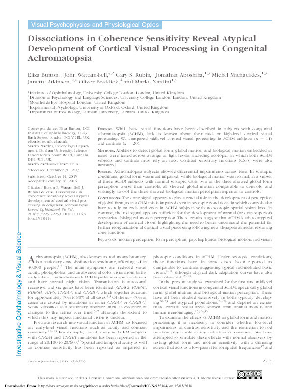 Dissociations in coherence sensitivity reveal atypical development of cortical visual processing in congenital achromatopsia Thumbnail