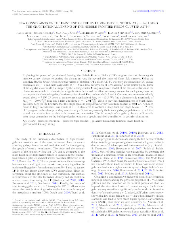 New Constraints on the Faint End of the UV Luminosity Function at z ~ 7-8 Using the Gravitational Lensing of the Hubble Frontier Fields Cluster A2744 Thumbnail