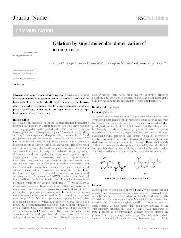 Gelation by supramolecular dimerization of mono(urea)s Thumbnail