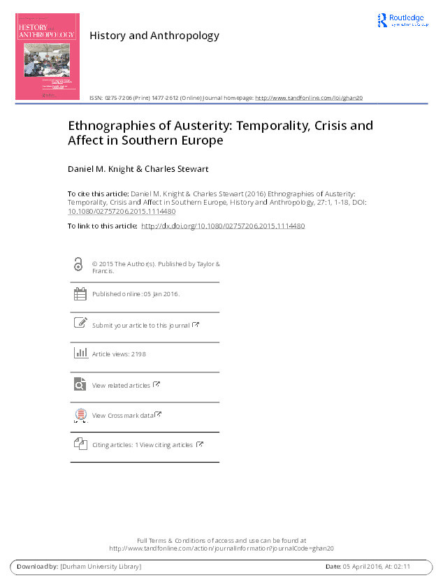 Ethnographies of Austerity: Temporality, Crisis and Affect in Southern Europe Thumbnail