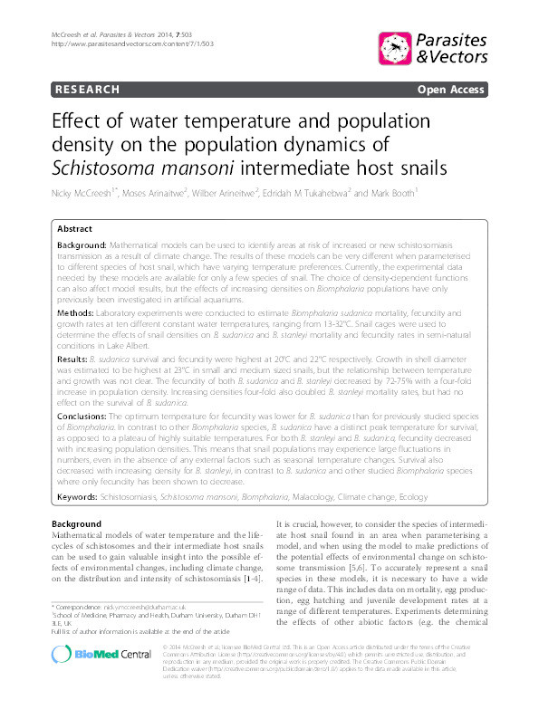 Effect of water temperature and population density on the population dynamics of Schistosoma mansoni intermediate host snails Thumbnail