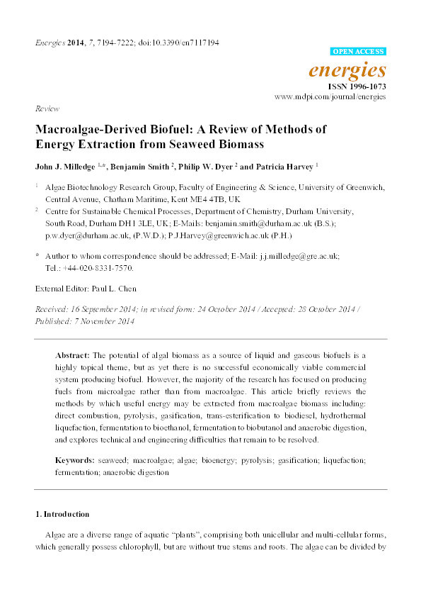 Macroalgae-Derived Biofuel: A Review of Methods of Energy Extraction from Seaweed Biomass Thumbnail
