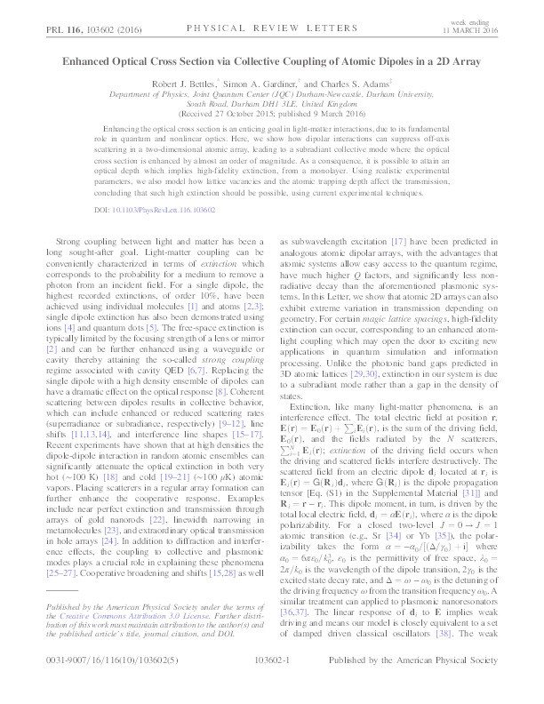 Enhanced optical cross section via collective coupling of atomic dipoles in a 2D array Thumbnail