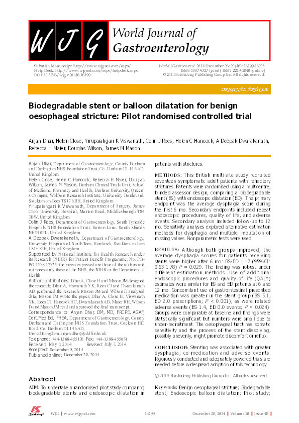 Biodegradable stent or balloon dialation for benign oesophageal stricture: pilot randomised controlled trial Thumbnail