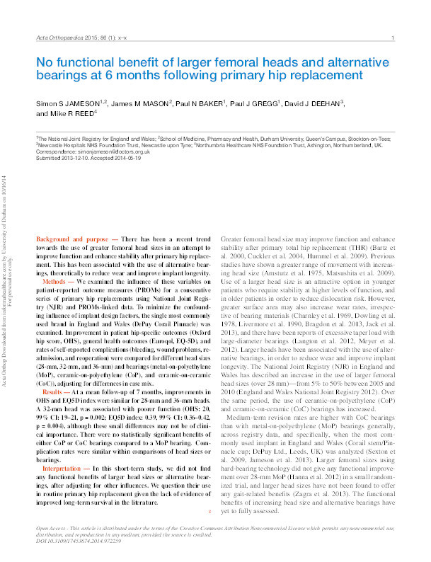 No functional benefit of larger femoral heads and alternative bearings at 6 months following primary hip replacement Thumbnail