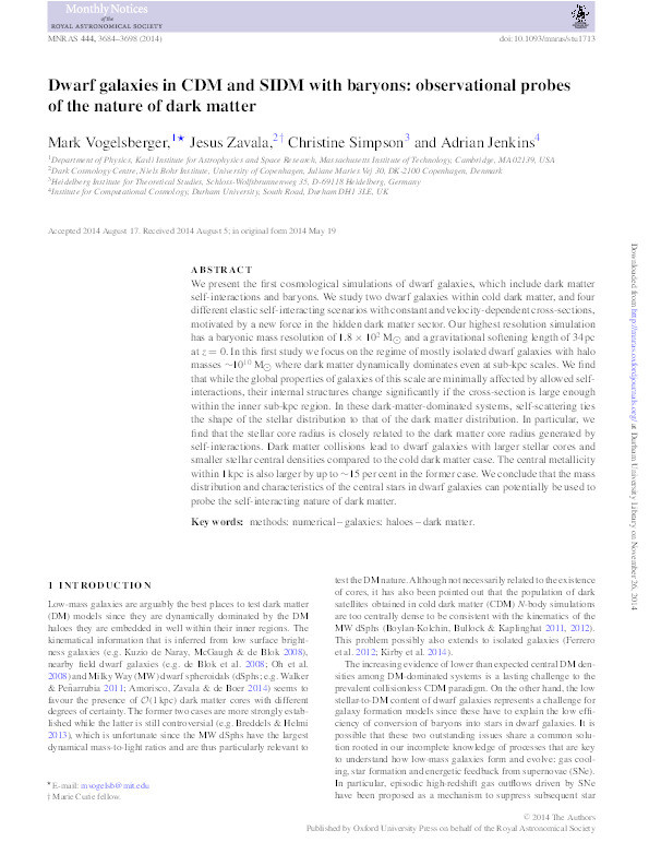 Dwarf galaxies in CDM and SIDM with baryons: observational probes of the nature of dark matter Thumbnail