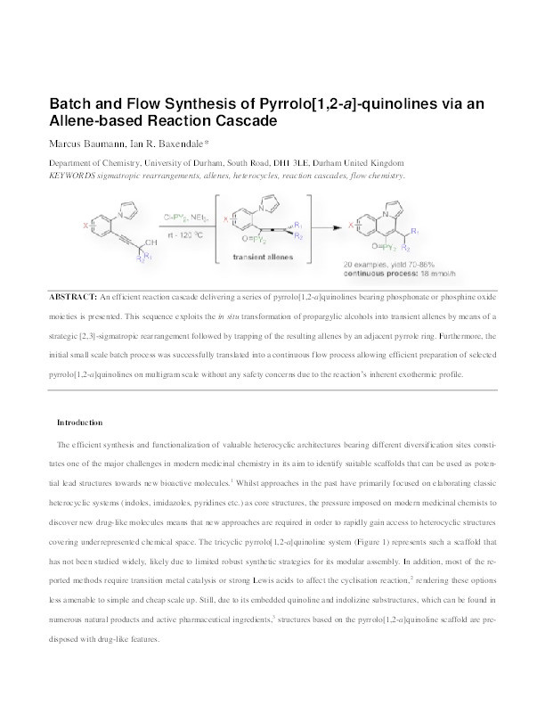 Batch and Flow Synthesis of Pyrrolo[1,2-a]-quinolines via an Allene-Based Reaction Cascade Thumbnail